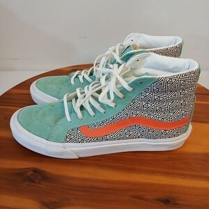 Vans‎ Sk8 Hi Shoes Mens 6.5 Womens 8 Teal Geometric Print Suede Skater Skate